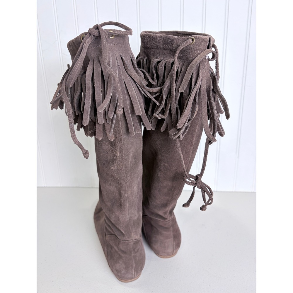 Daniblack Chocolate Taupe Suede Fringe Collar Tall Boot Flat Boho 8M Festival - Picture 9 of 16